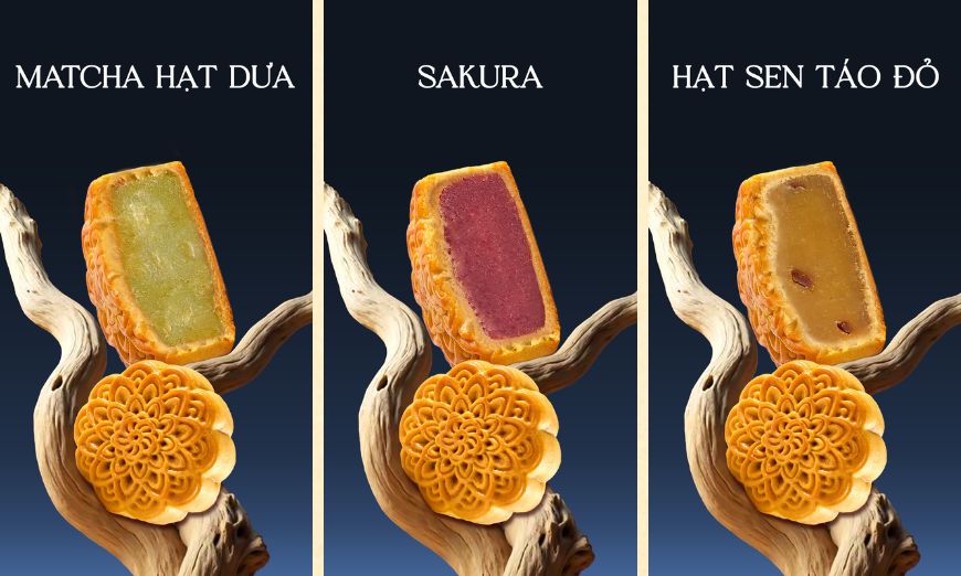 Bánh trung thu chay có nhân đậu xanh matcha, hạt dưa và hạt sen tại Sona Gift