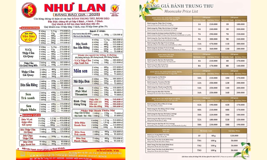 Bảng báo giá bánh Trung thu của Như Lan và Brodard